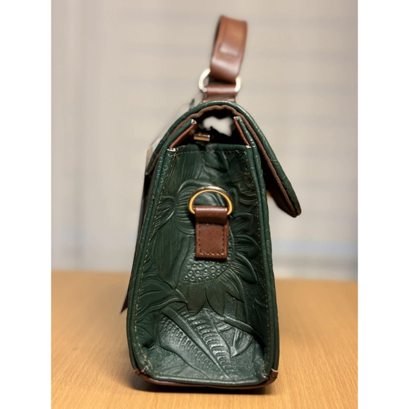 Dark Forest Green Sunflower Embossed Tooled Artisan LEATHER Crossbody Bag Purse - Picture 8 of 16
